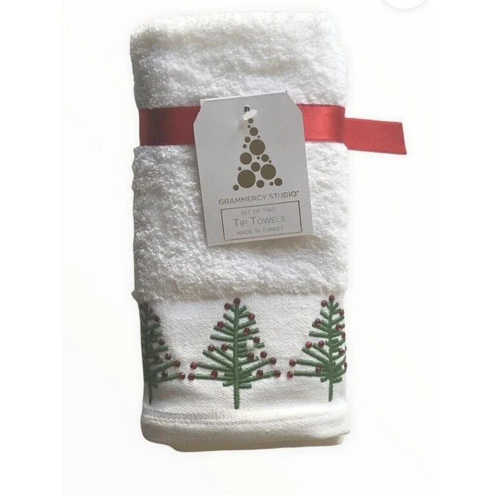 Christmas Tree Rhinestone Fingertip Towels Embellished Embroidered Set of 2